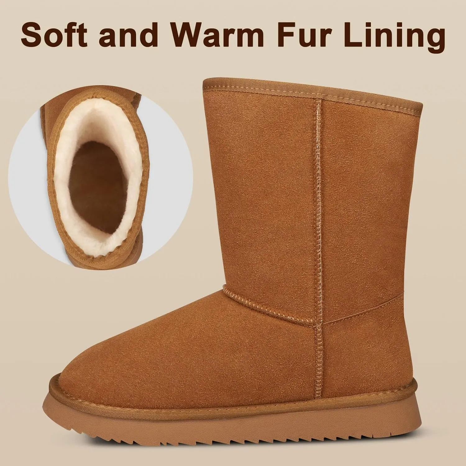 Mid-Calf Winter Boots for Women Genuine Suede Winter Snow Boots Fur Lining Memory Foam Winter Shoes Water Resistant