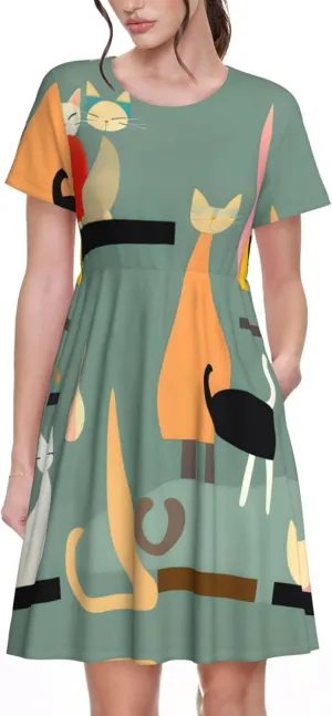 Mid-Century Modern Art Cats Women's Casual Tshirt Short Sleeve Sundress for Party, Outdoor Gatherings with Pockets