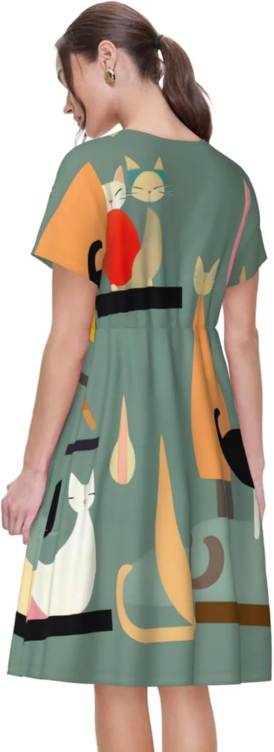 Mid-Century Modern Art Cats Women's Casual Tshirt Short Sleeve Sundress for Party, Outdoor Gatherings with Pockets