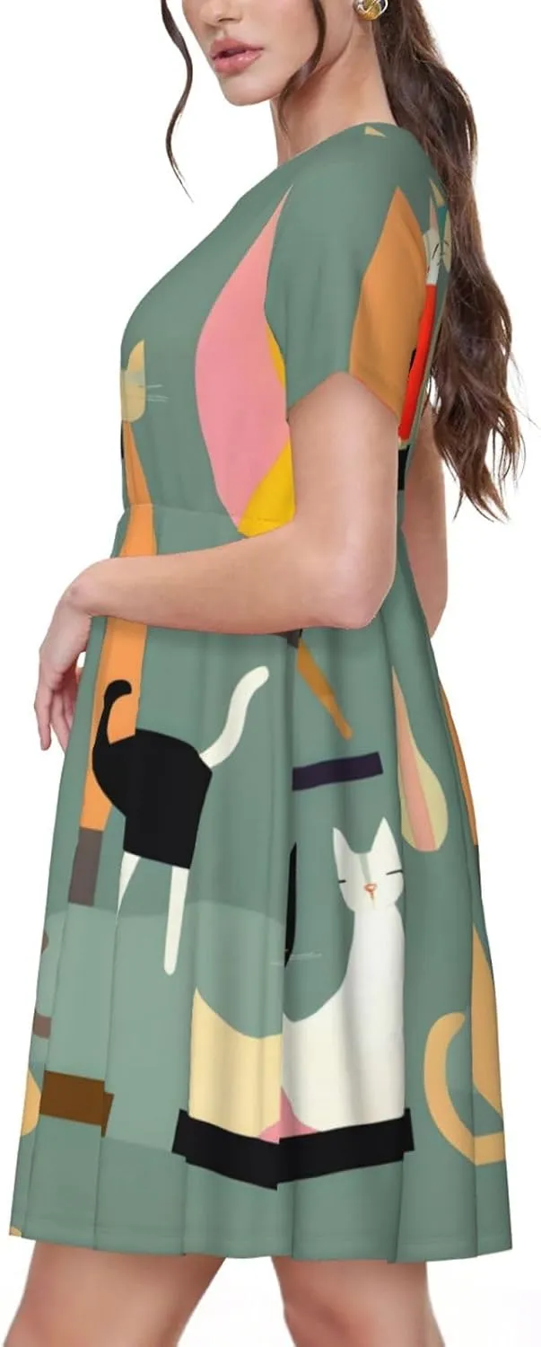 Mid-Century Modern Art Cats Women's Casual Tshirt Short Sleeve Sundress for Party, Outdoor Gatherings with Pockets