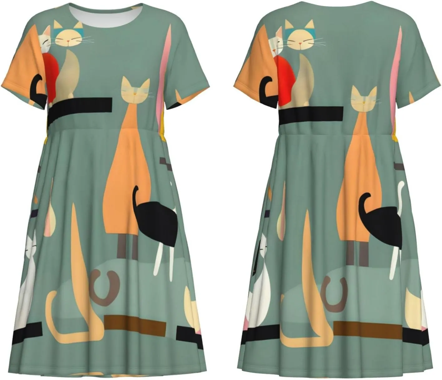 Mid-Century Modern Art Cats Women's Casual Tshirt Short Sleeve Sundress for Party, Outdoor Gatherings with Pockets