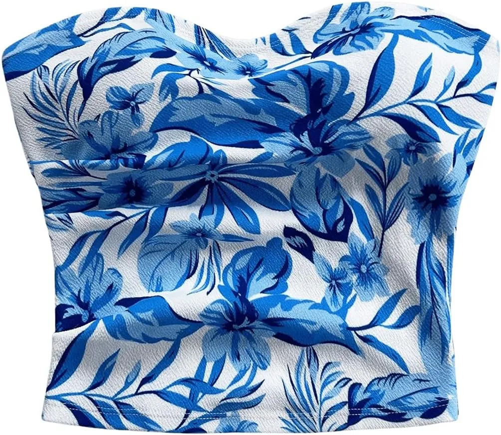 Milumia Women Floral Bandeau Crop Top Strapless Sleeveless Vacation Tube Tops