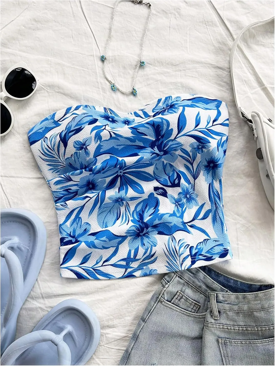 Milumia Women Floral Bandeau Crop Top Strapless Sleeveless Vacation Tube Tops
