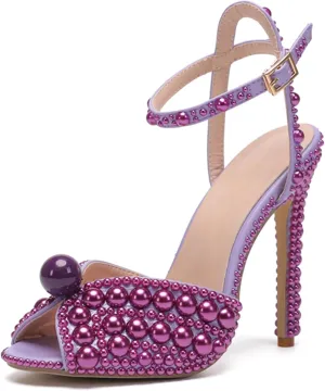 Minishion Stiletto High Heel Wedding Shoes for Women Slingback Sexy Formal Evening Prom Sandals with Pearls Decoration