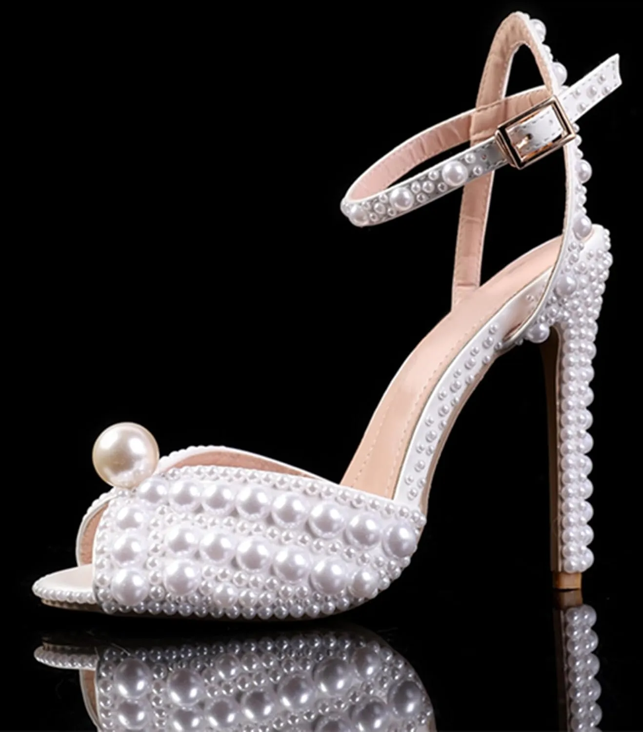 Minishion Stiletto High Heel Wedding Shoes for Women Slingback Sexy Formal Evening Prom Sandals with Pearls Decoration