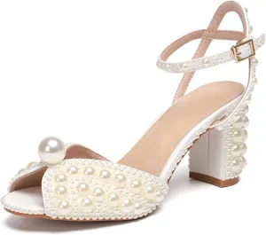 Minishion Stiletto High Heel Wedding Shoes for Women Slingback Sexy Formal Evening Prom Sandals with Pearls Decoration