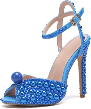 Minishion Stiletto High Heel Wedding Shoes for Women Slingback Sexy Formal Evening Prom Sandals with Pearls Decoration