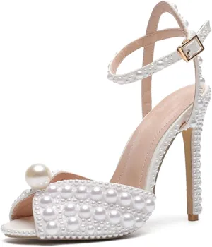 Minishion Stiletto High Heel Wedding Shoes for Women Slingback Sexy Formal Evening Prom Sandals with Pearls Decoration