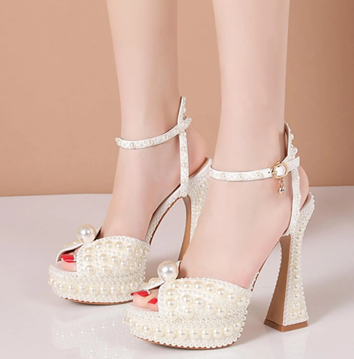 Minishion Womens Platform Wedding Shoes Slingback High Heel Party Evening Sandals with Pearl