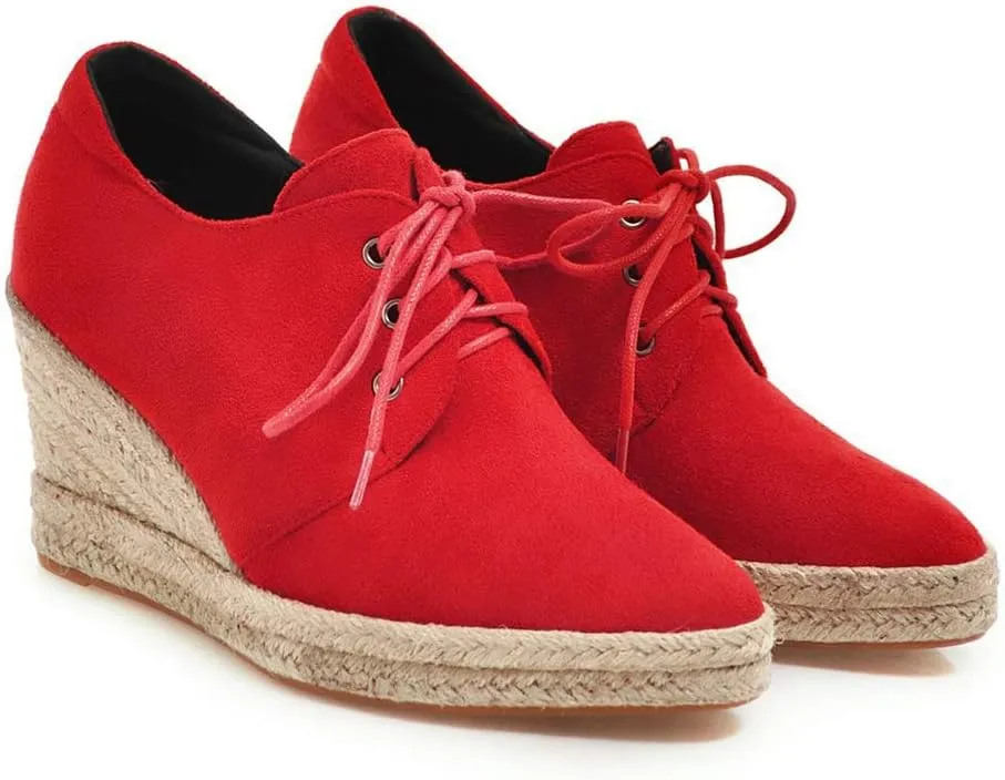 MIOKE Women's Lace Up Espadrilles Wedge Pumps Close Pointed Toe Platform High Heels Casual Sandals Shoes