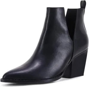 miss left Women Fashion V-cut Ankle Boot Closed Pointy Toe Booties Low Chunky Block Heeled Pull On Casual Party Work Shoes Size 4-16 US