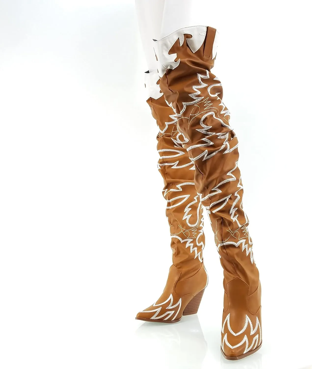 MissHeel Thigh High Cowboy Boots for Women Over The Knee Western Cowgirl Boots with Chunky Block Heels
