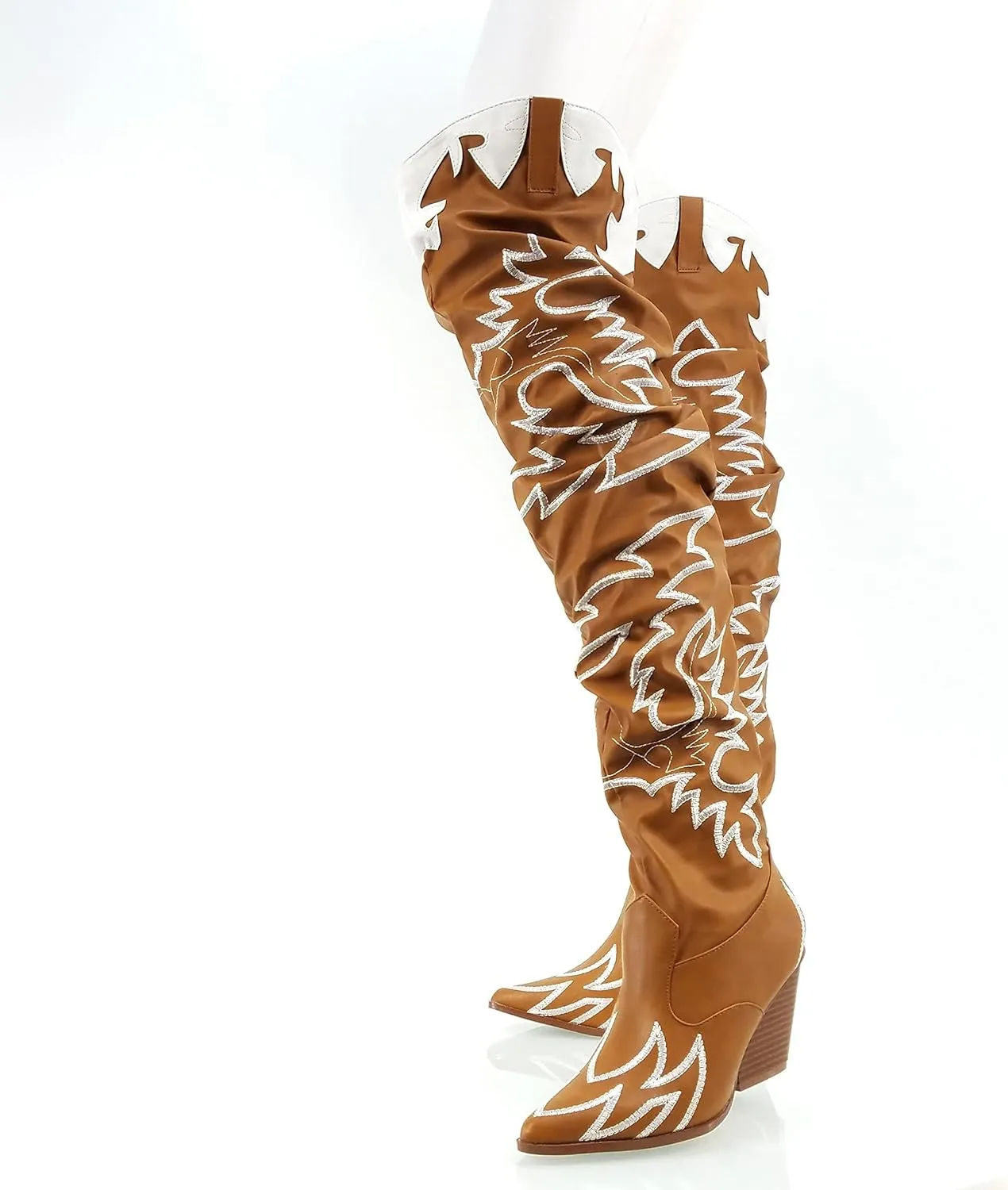 MissHeel Thigh High Cowboy Boots for Women Over The Knee Western Cowgirl Boots with Chunky Block Heels