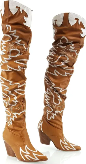 MissHeel Thigh High Cowboy Boots for Women Over The Knee Western Cowgirl Boots with Chunky Block Heels