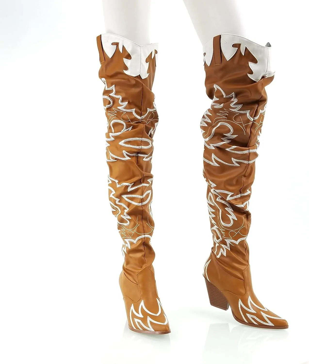 MissHeel Thigh High Cowboy Boots for Women Over The Knee Western Cowgirl Boots with Chunky Block Heels