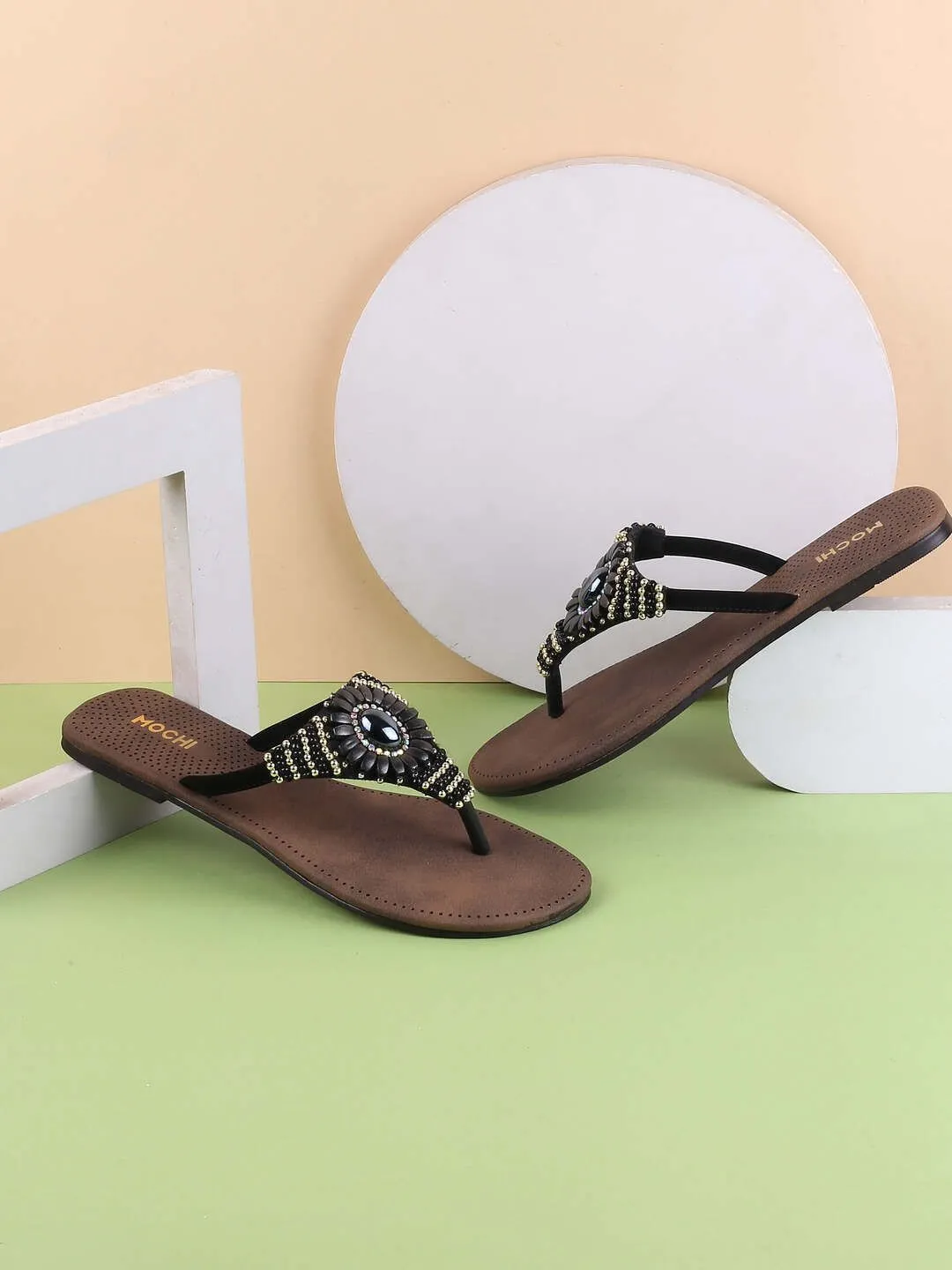 Mochi Women Embellished Open Toe Flats