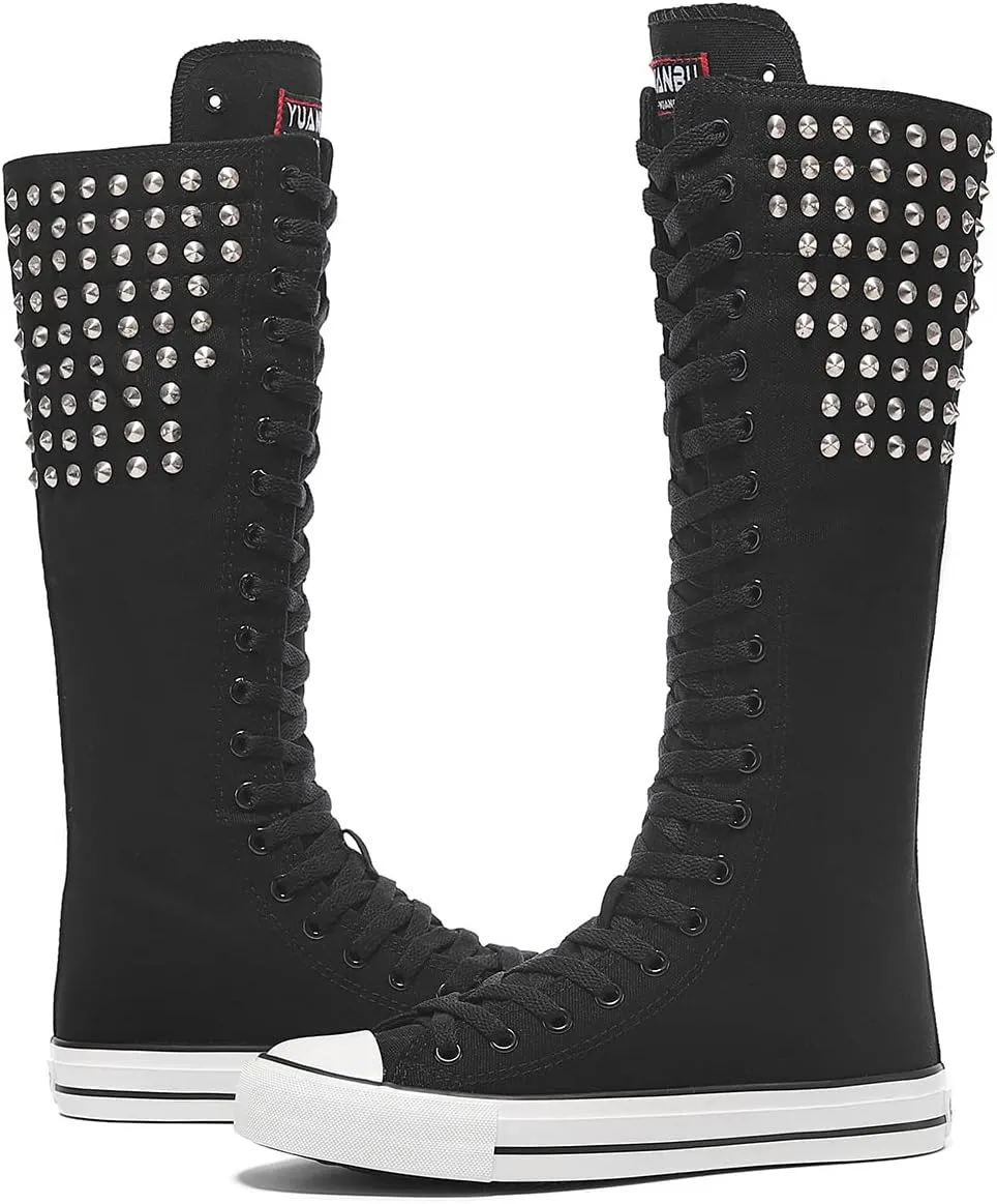 Momuk Women's Knee High Lace Up Zip Fashion Dancing Canvas Boots