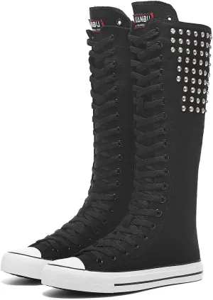 Momuk Women's Knee High Lace Up Zip Fashion Dancing Canvas Boots