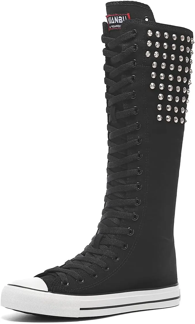 Momuk Women's Knee High Lace Up Zip Fashion Dancing Canvas Boots