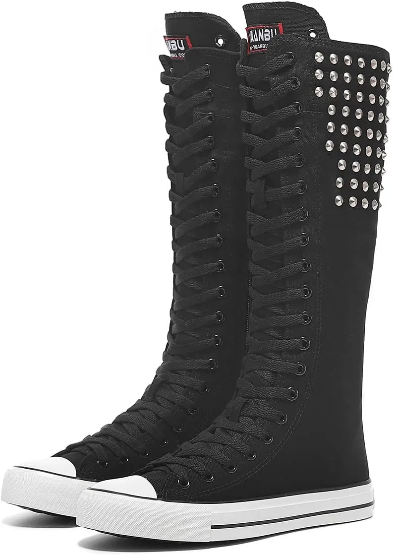 Momuk Women's Knee High Lace Up Zip Fashion Dancing Canvas Boots