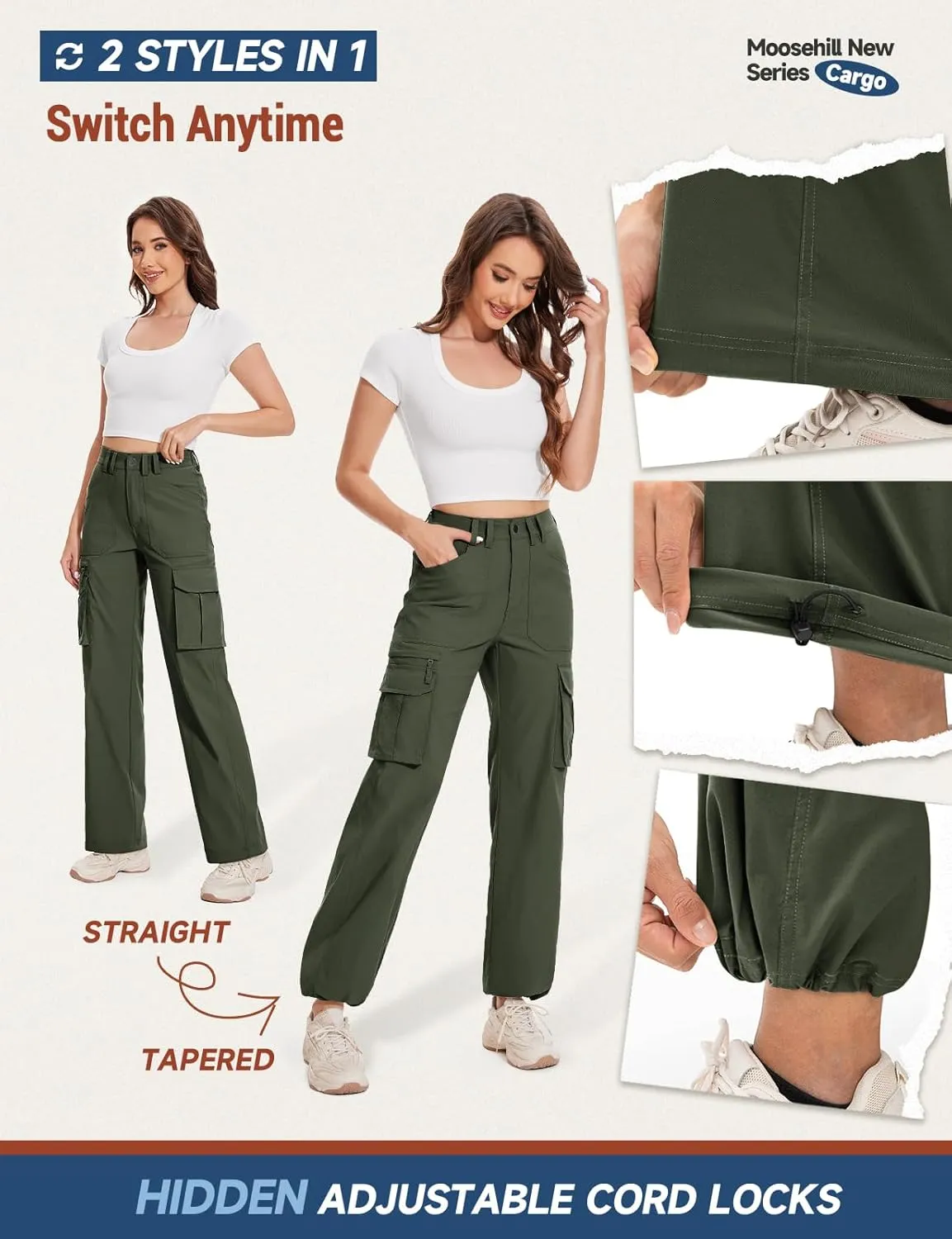 Moosehill Cargo Hiking Pants Women High Waisted Water Resistance Baggy Stretch Work Casual Travel Streetwear
