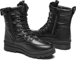 Moudki Womens Warm Fur Lined Snow Boots for Cold Weather, Non-slip Black Combat Boots with Zipper for Hiking, Lace up White Winter Booties for Women, Water Resistant Mid Calf Shoes