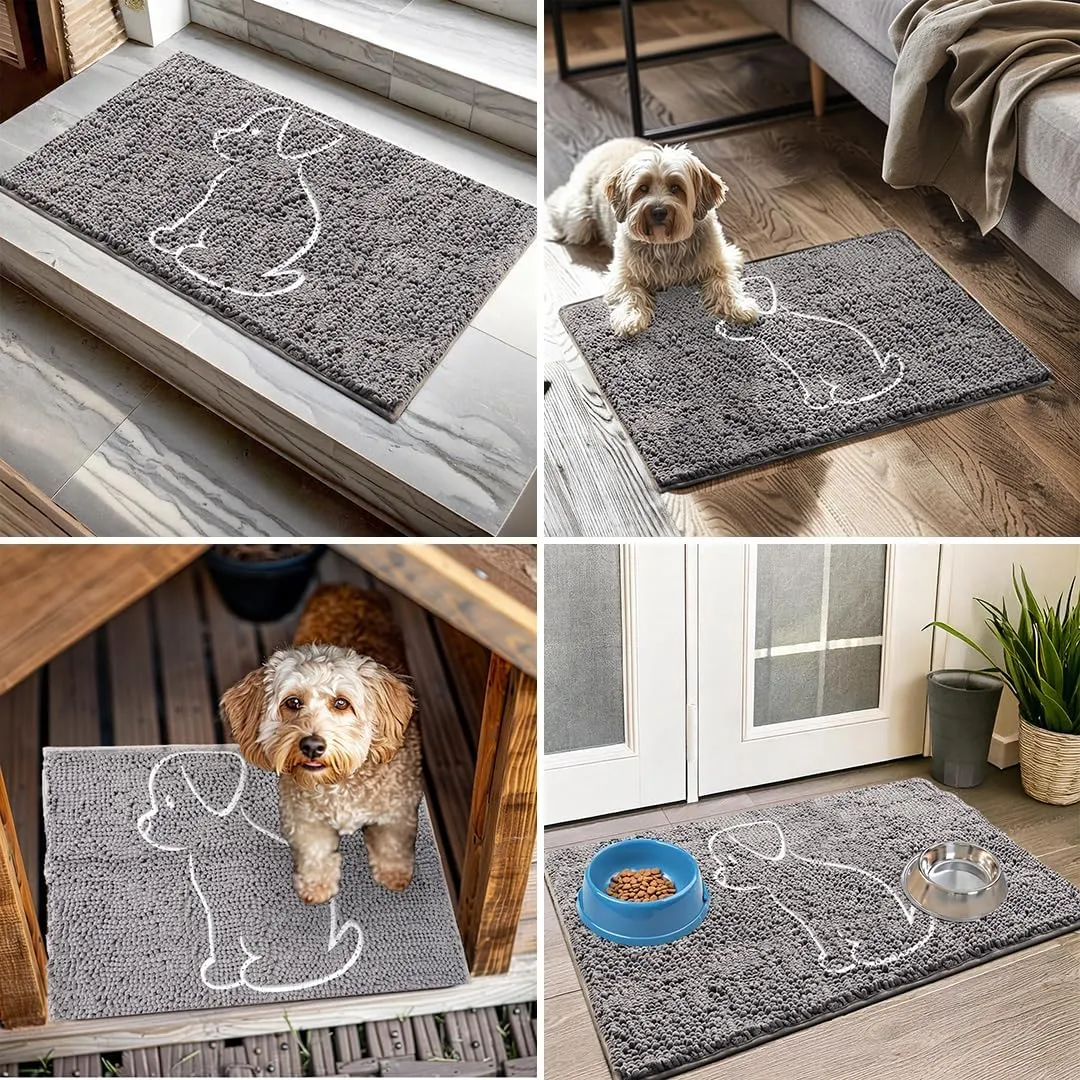 Muddy Mat® Dog Sit Door Embroidery Mat Super Absorbent Microfiber Indoor Outdoor mat for Muddy Paws, Non-Slip Washable Pet Rug, Quick Dry Chenille Entryway Carpet, Machine Washable – Grey 19”x30”