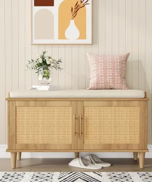 Natural Rattan Shoe Storage Bench with Cushion, Entryway Shoe Cabinet Bench with 2 Doors, 15"D x 39.4"W x 20"H, Wooden Shoe Organizer, Adjustable Shelf, Solid Wood Legs, for Hallway, Bedroom