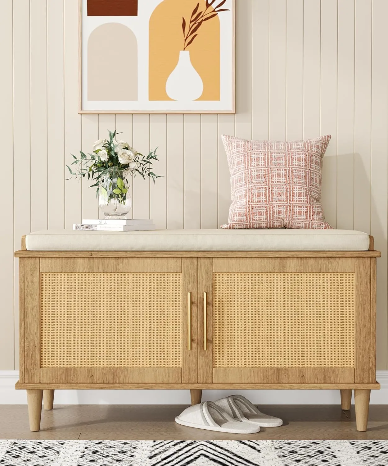 Natural Rattan Shoe Storage Bench with Cushion, Entryway Shoe Cabinet Bench with 2 Doors, 15"D x 39.4"W x 20"H, Wooden Shoe Organizer, Adjustable Shelf, Solid Wood Legs, for Hallway, Bedroom