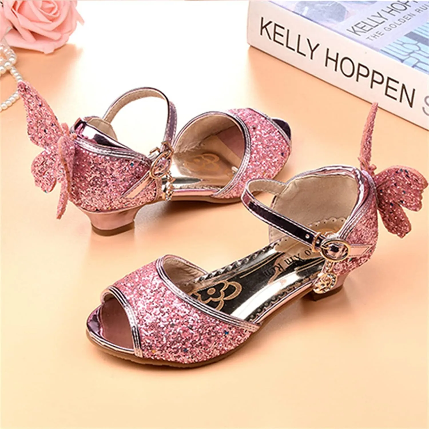 OMEARK Girls Glitter Shoes Sparkly Low Heel Princess Wedding Party Shoes Round Peep Toe Dress Pump Shoes for Kids Toddler with Rhinestone Back Butterfly