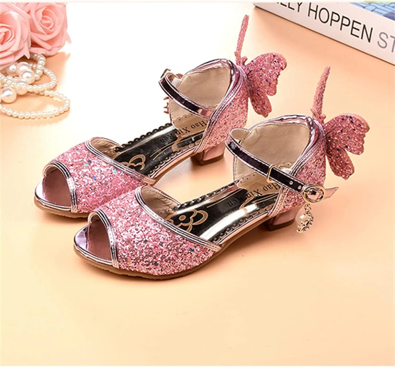 OMEARK Girls Glitter Shoes Sparkly Low Heel Princess Wedding Party Shoes Round Peep Toe Dress Pump Shoes for Kids Toddler with Rhinestone Back Butterfly