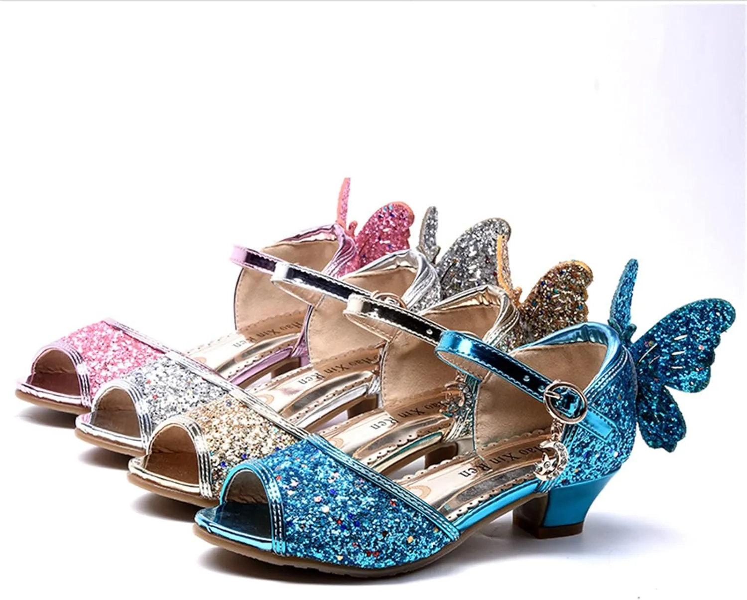 OMEARK Girls Glitter Shoes Sparkly Low Heel Princess Wedding Party Shoes Round Peep Toe Dress Pump Shoes for Kids Toddler with Rhinestone Back Butterfly