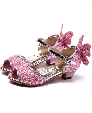 OMEARK Girls Glitter Shoes Sparkly Low Heel Princess Wedding Party Shoes Round Peep Toe Dress Pump Shoes for Kids Toddler with Rhinestone Back Butterfly