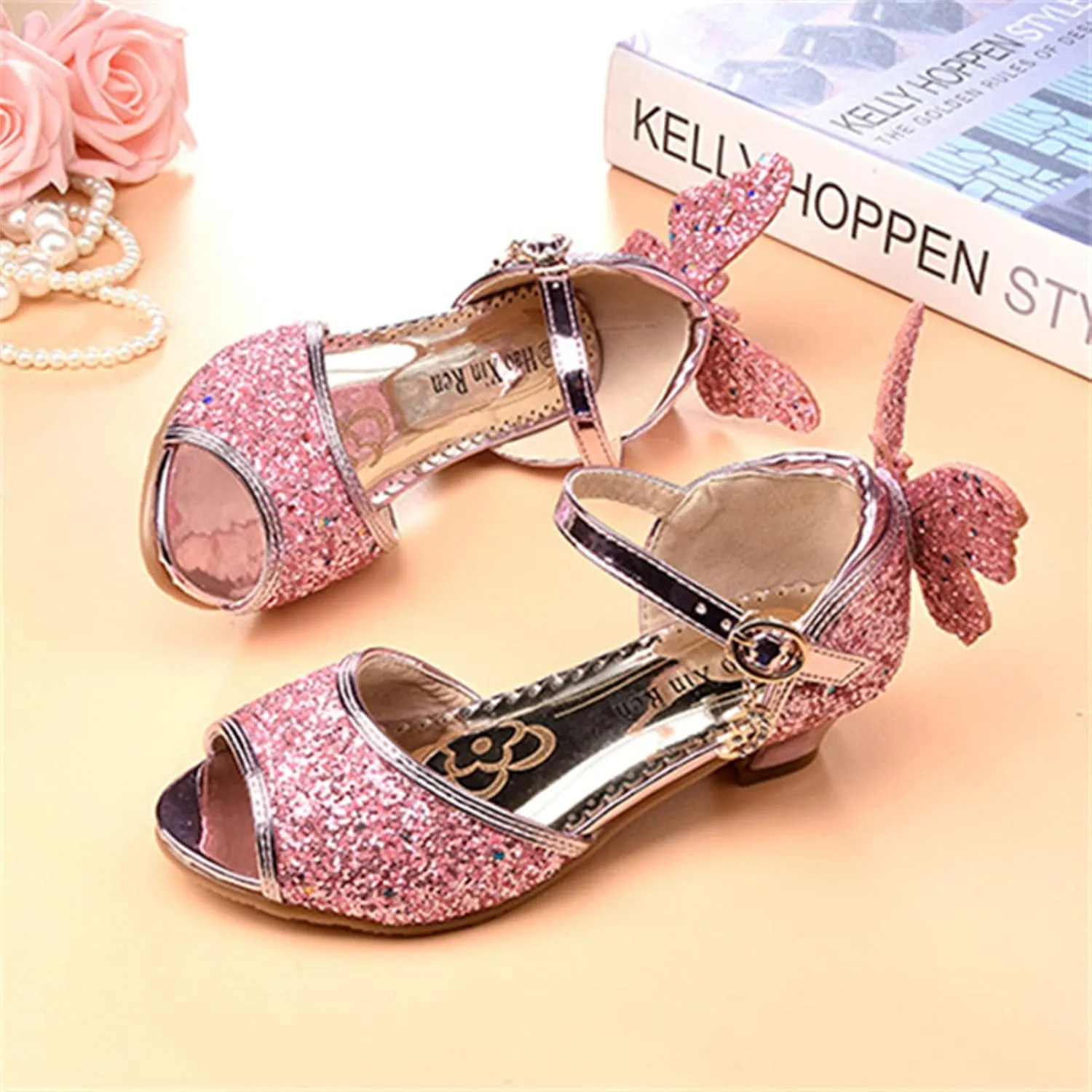 OMEARK Girls Glitter Shoes Sparkly Low Heel Princess Wedding Party Shoes Round Peep Toe Dress Pump Shoes for Kids Toddler with Rhinestone Back Butterfly