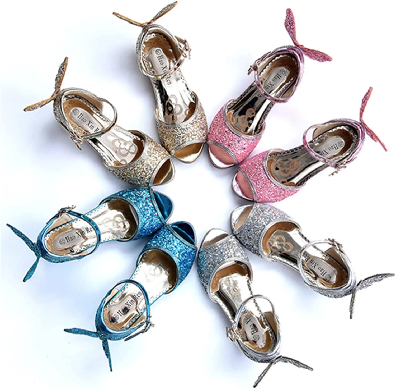 OMEARK Girls Glitter Shoes Sparkly Low Heel Princess Wedding Party Shoes Round Peep Toe Dress Pump Shoes for Kids Toddler with Rhinestone Back Butterfly
