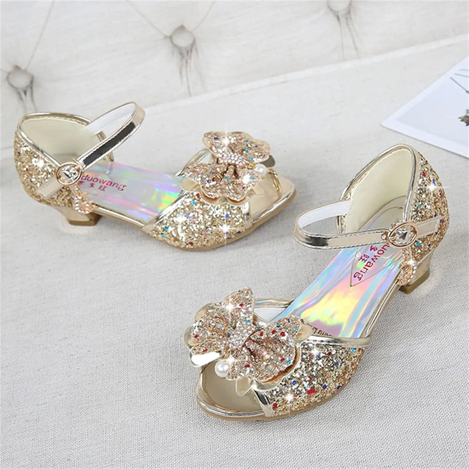 OMEARK Kids Dress Shoes - Open Toe Toddler Girls Sandals Rhinestone Bow Strappy Glitter Flat Sandal Low Heels Party Show Dance Shoes for Little Kid/Big Kid with Ankle Buckle