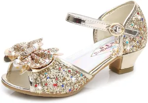 OMEARK Kids Dress Shoes - Open Toe Toddler Girls Sandals Rhinestone Bow Strappy Glitter Flat Sandal Low Heels Party Show Dance Shoes for Little Kid/Big Kid with Ankle Buckle
