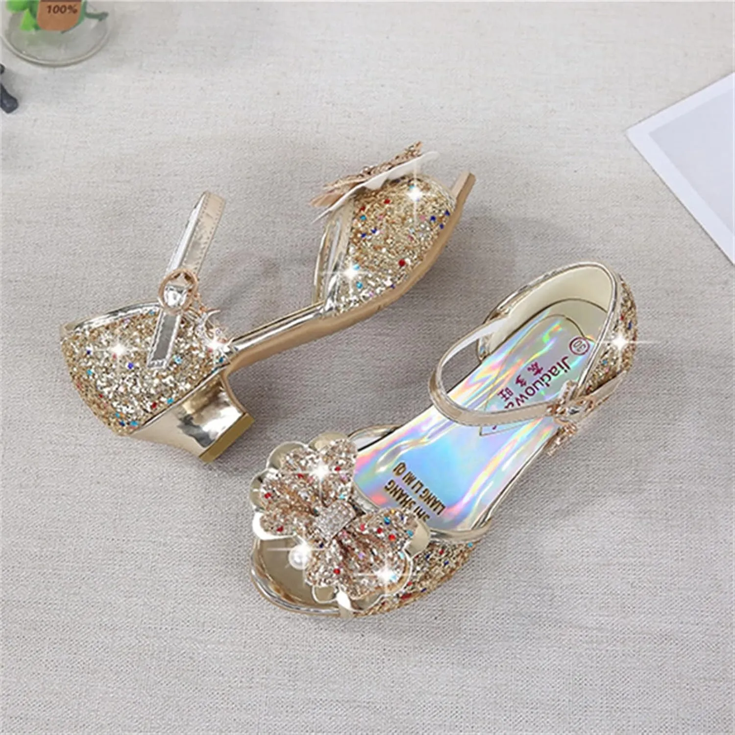 OMEARK Kids Dress Shoes - Open Toe Toddler Girls Sandals Rhinestone Bow Strappy Glitter Flat Sandal Low Heels Party Show Dance Shoes for Little Kid/Big Kid with Ankle Buckle