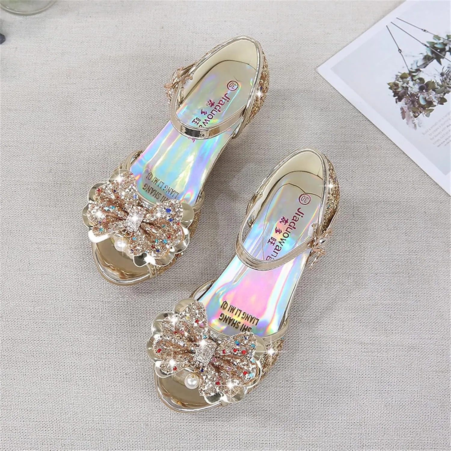 OMEARK Kids Dress Shoes - Open Toe Toddler Girls Sandals Rhinestone Bow Strappy Glitter Flat Sandal Low Heels Party Show Dance Shoes for Little Kid/Big Kid with Ankle Buckle