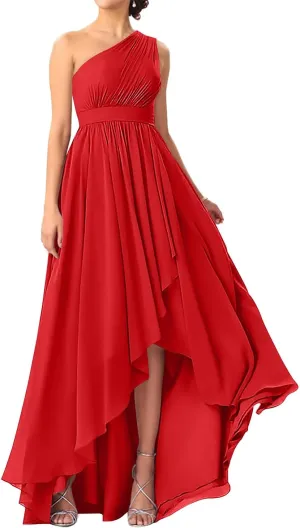 One Shoulder Chiffon Gown with Dramatic Ruffles, Fashion Show Attire Red