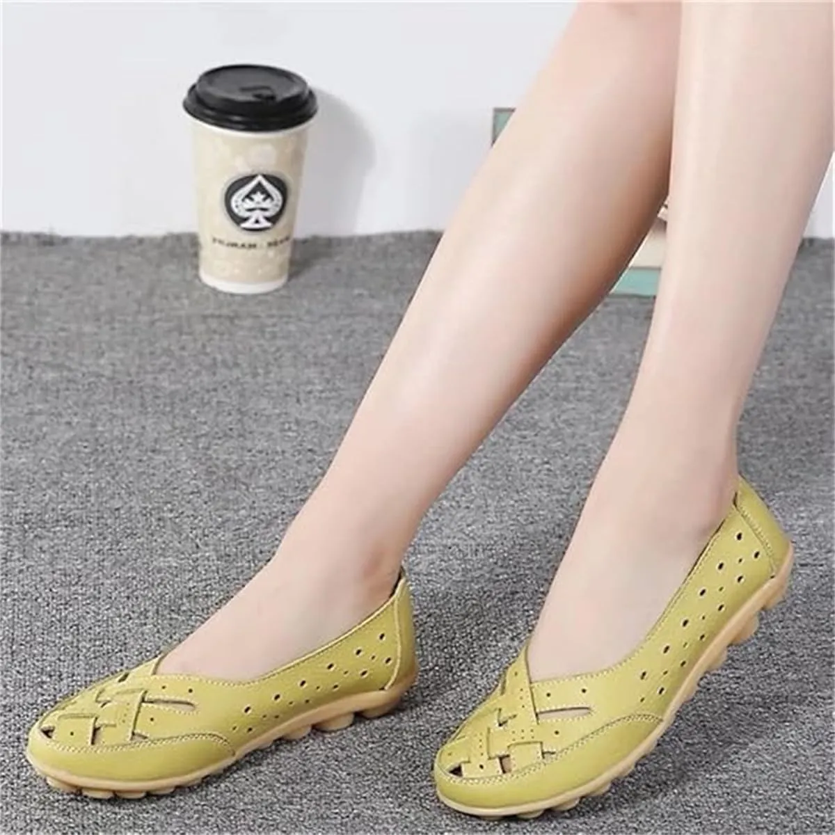 Orthopedic Loafers in Breathable Leather,Womens Casual Soft Sole Hollow Slip On Flat Shoes,Fashion Closed Toe Boat Shoes