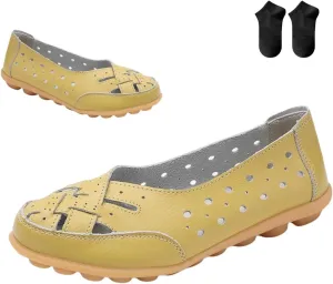 Orthopedic Loafers in Breathable Leather,Womens Casual Soft Sole Hollow Slip On Flat Shoes,Fashion Closed Toe Boat Shoes