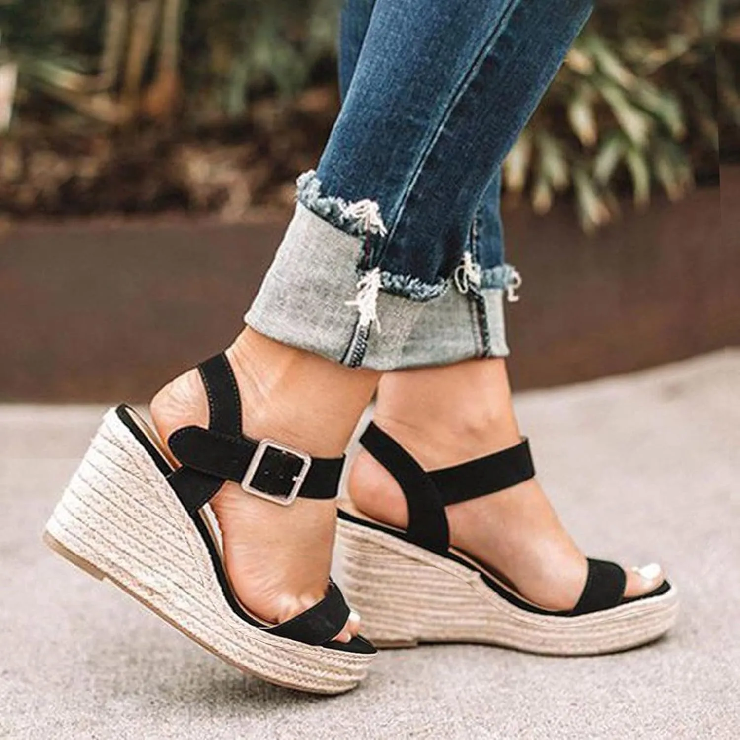 Orthopedic Sandals for Women Casual Summer Wedge Sandals for Women Dressy Open Toe Platform Wedges Buckle Ankle Strap Leather Sandals Espadrilles Beach Heels Sandal Strappy Slip on