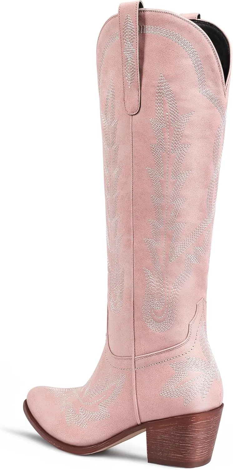 Ouepiano Cowboy Boots for Women Knee High Cowgirl Boots with Classic Embroidered Slip On Pointed Toe Chunky Heel Pull On Fashion Retro Tall Boot