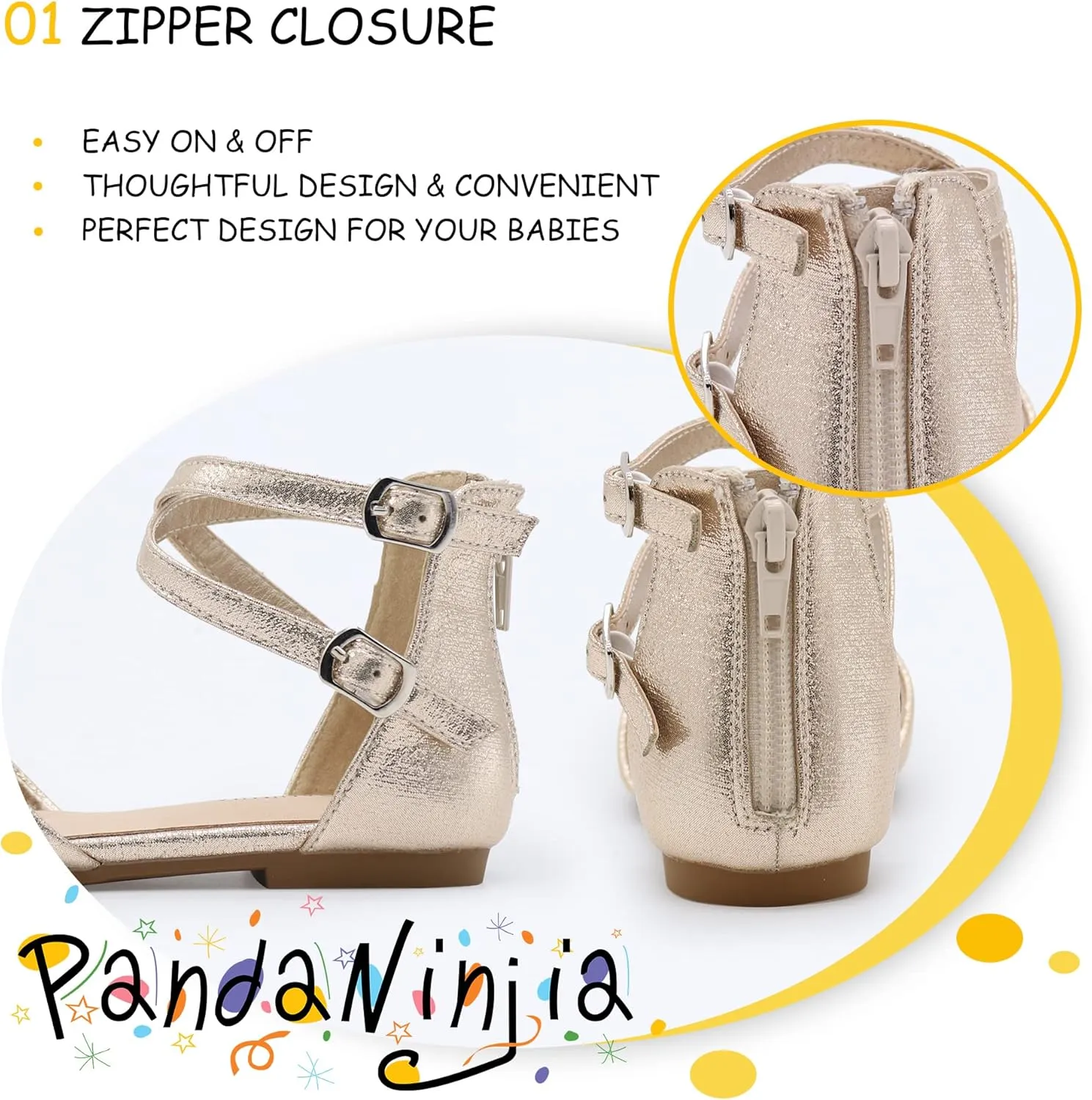 PANDANINJIA Girls Dress Shoes Flats Wedding Party School Toddler Little Kids Ankle Strap Ballet Flats Sandals