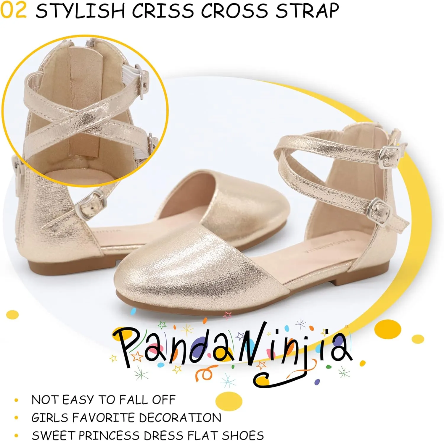 PANDANINJIA Girls Dress Shoes Flats Wedding Party School Toddler Little Kids Ankle Strap Ballet Flats Sandals