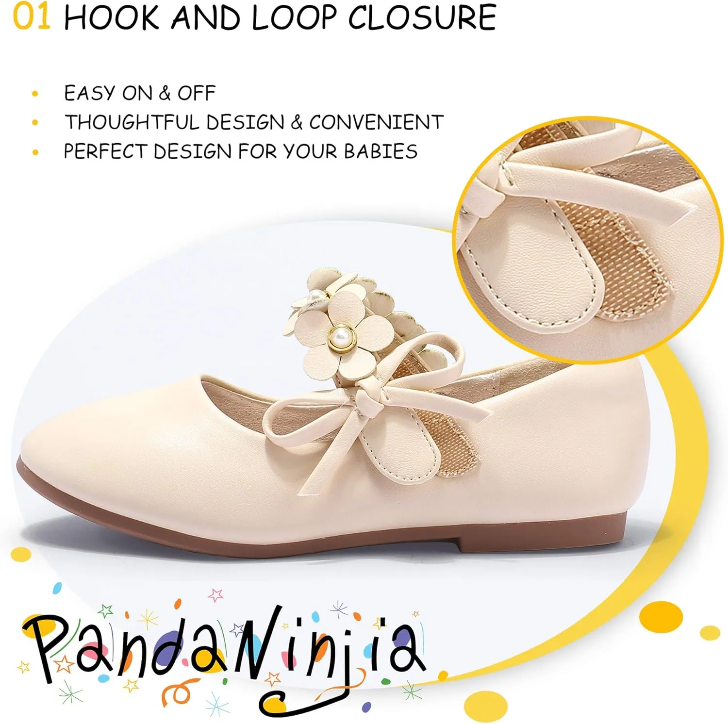 PANDANINJIA Toddler Girls Dress Shoes Flower Girl Flats Pearls Bow Mary Jane Wedding Party Flora Shoes