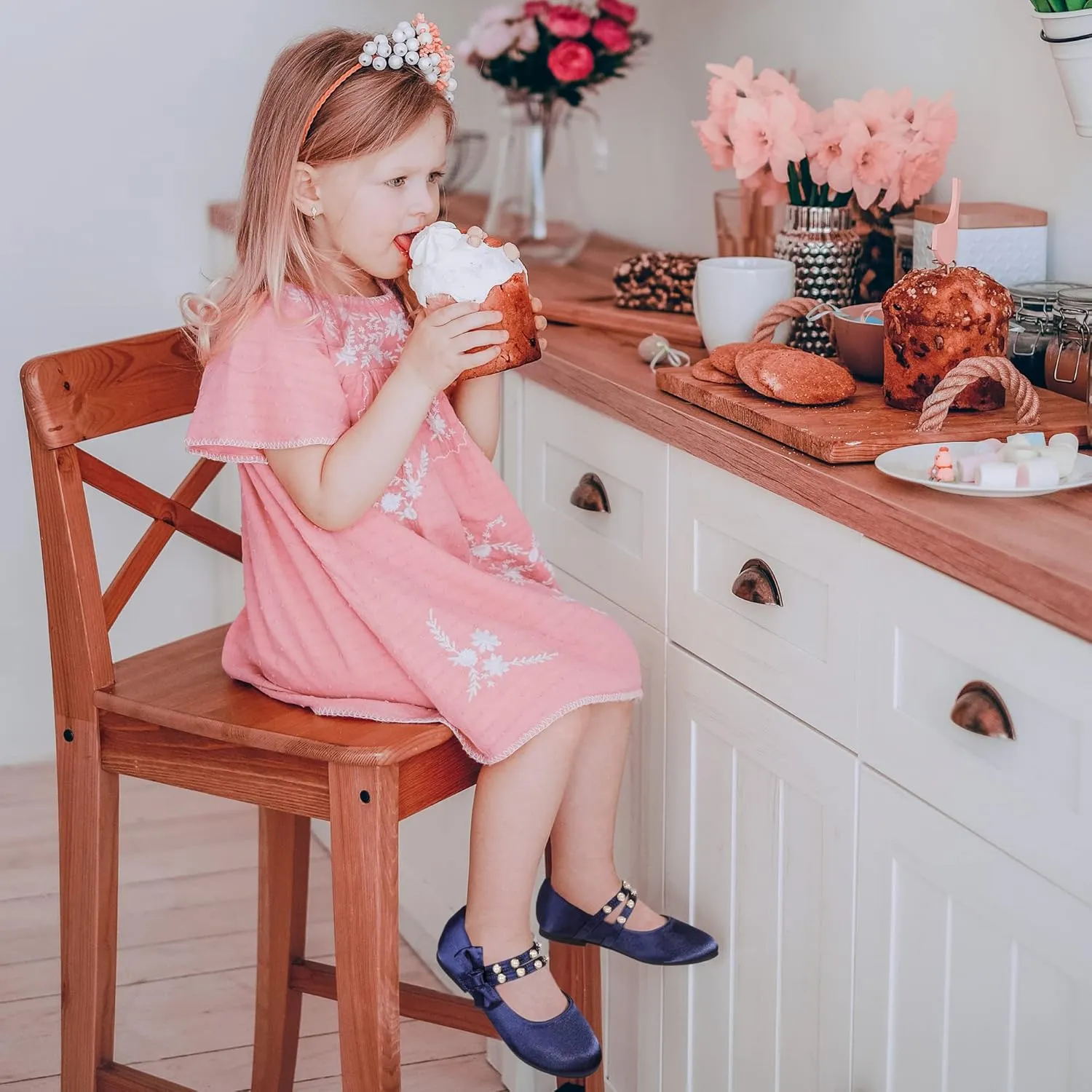 PANDANINJIA Toddler Girls Dress Shoes Pearls Bow Ballet Flats Flower Girl Shoes for Wedding Party School Communion Shoes