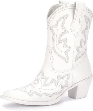 Pasuot Cowboy Boots for Women - Western Cowgirl Boots, Ankle Boots Short Booties for Ladies, Classic Fashion Embroidered Design, Pointed Toe With Rubber Chunky Heel and Pull On Tabs