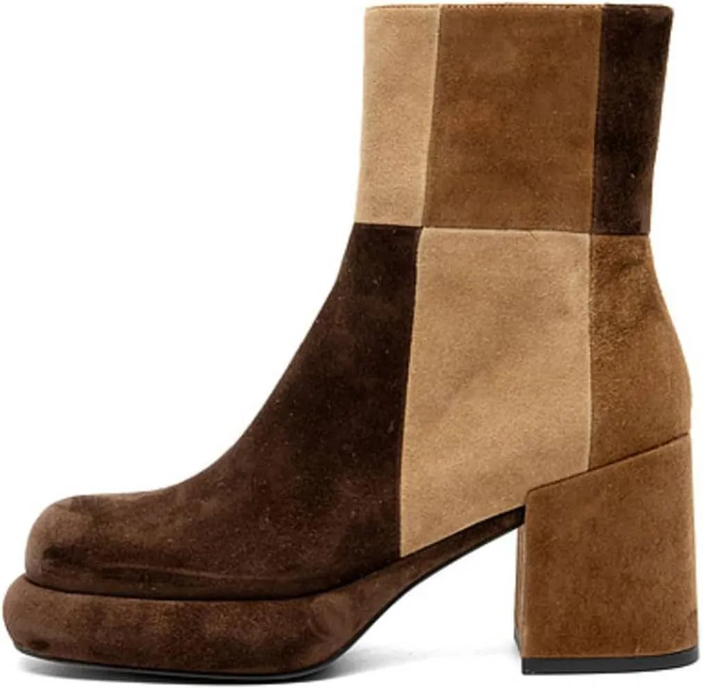 Pazzion Women Platform Closed Round Toe Ankle Booties Side Zippers Mid Block Heels Patchwork Short Boots Formal Working Office Shoes Size 4-16 US